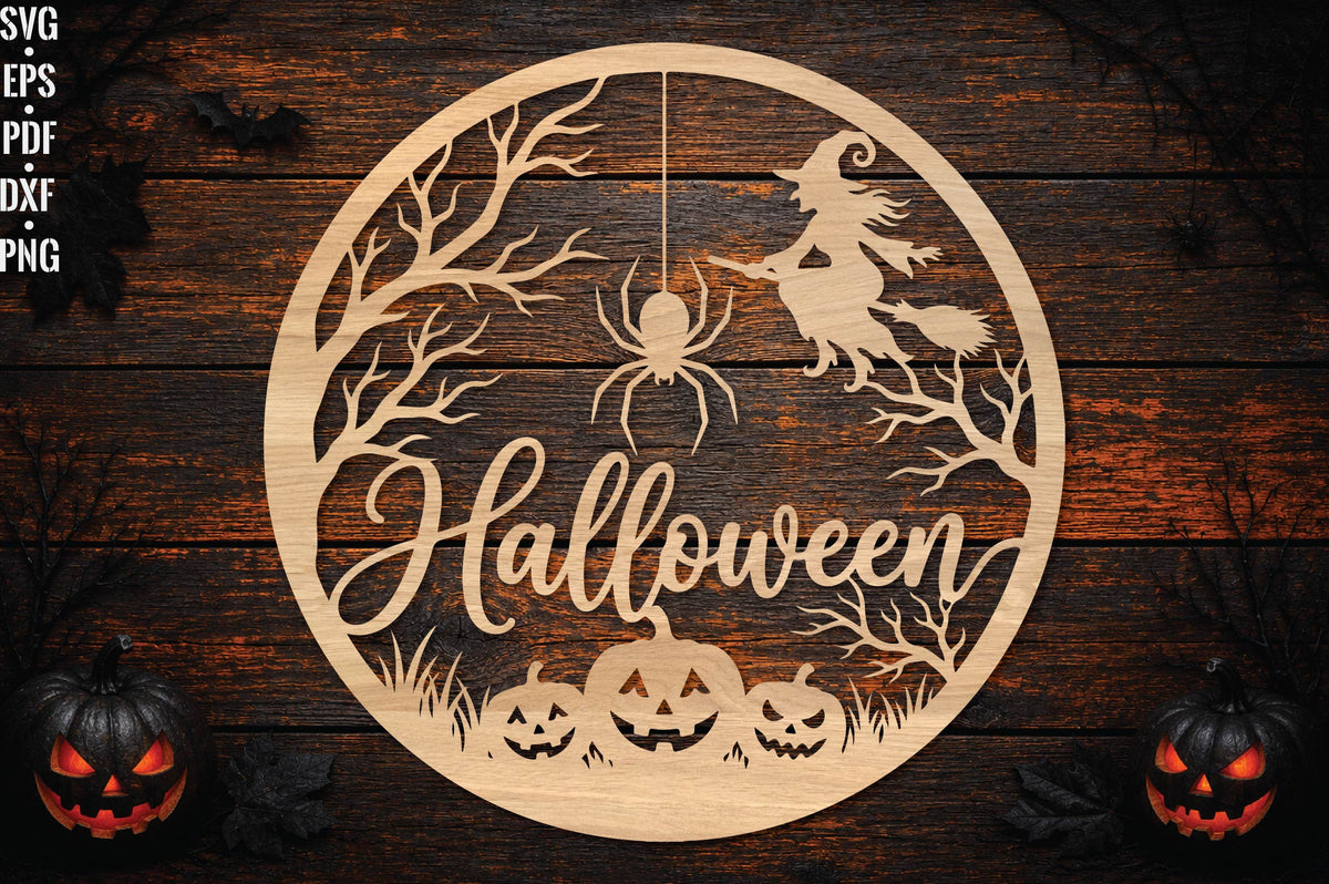 Halloween Witch Round Laser Cut SVG, Witch Pumpkin Halloween Sign, Spooky Halloween Cut File