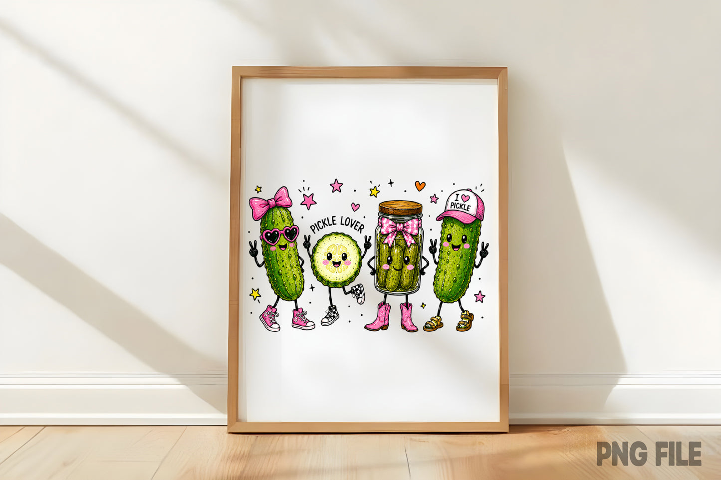 Happy Funny Pickle Doodle PNG | Cute Pickle Lover Pink Bow Cowgirl Boots Kawaii Food Clipart | Sublimation Design