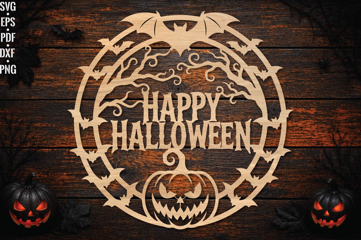Happy Halloween Round Laser Cut SVG, Spooky Pumpkin Bat Cut File, Halloween Wall Decor