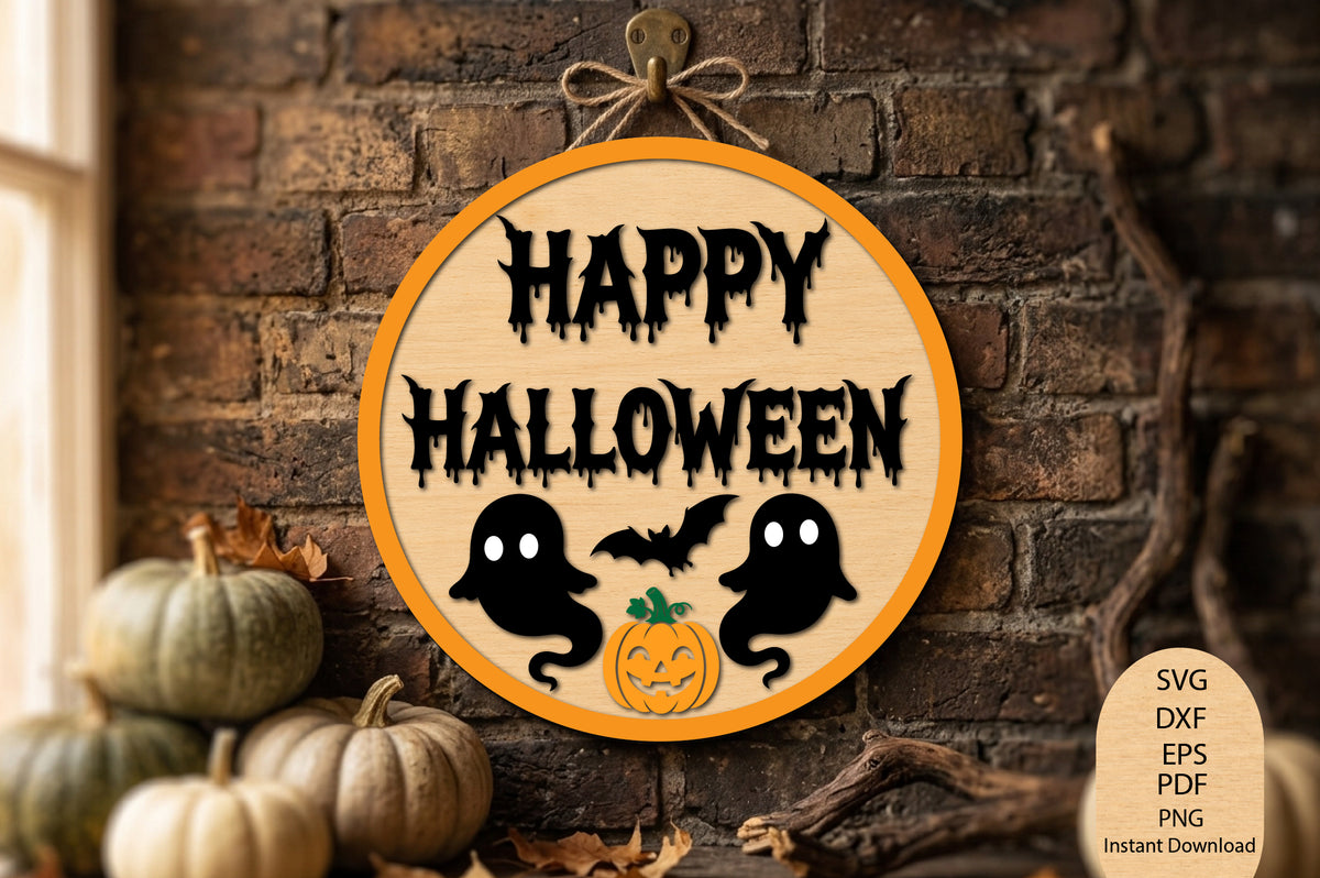 Happy Halloween Round Sign Laser Cut SVG, Halloween Door Sign Cut File, Spooky Round Wall Decor SVG