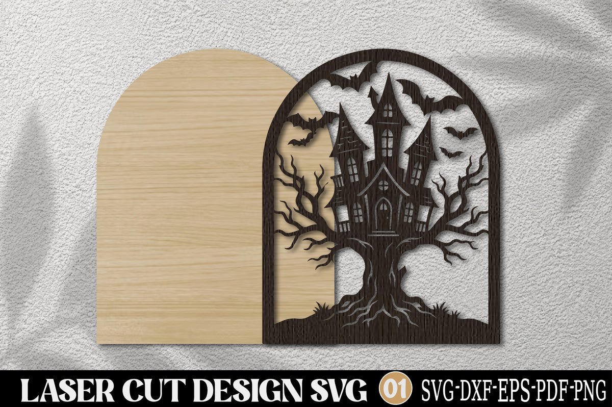 Haunted Castle Halloween Laser Cut SVG | Spooky Gothic Castle Bat Halloween Decor Design