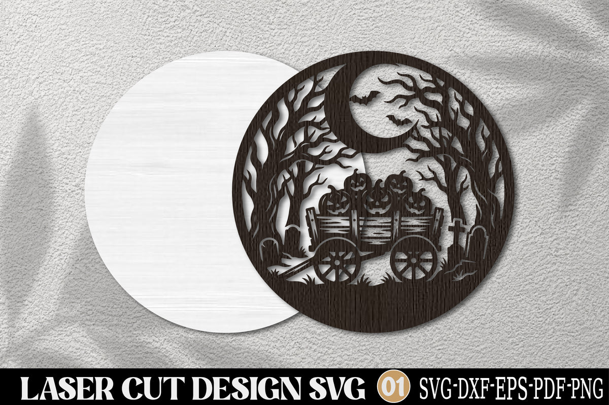 Haunted Graveyard Moon Laser Cut SVG | Halloween Cemetery Wagon Spooky Gothic SVG Design