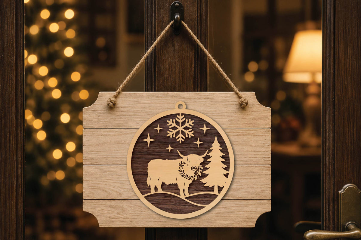 Highland Cow Christmas Ornament Laser Cut SVG, Highland Cattle Christmas Ornament Cut File
