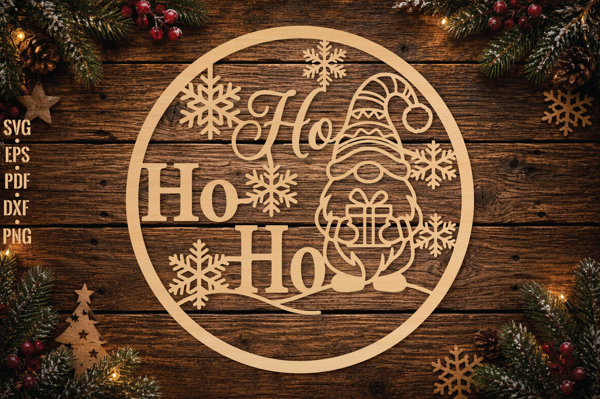 Ho Ho Ho Christmas Gnome Laser Cut SVG, Gnome Christmas Ornament Cut File, Holiday Snowflake Decor