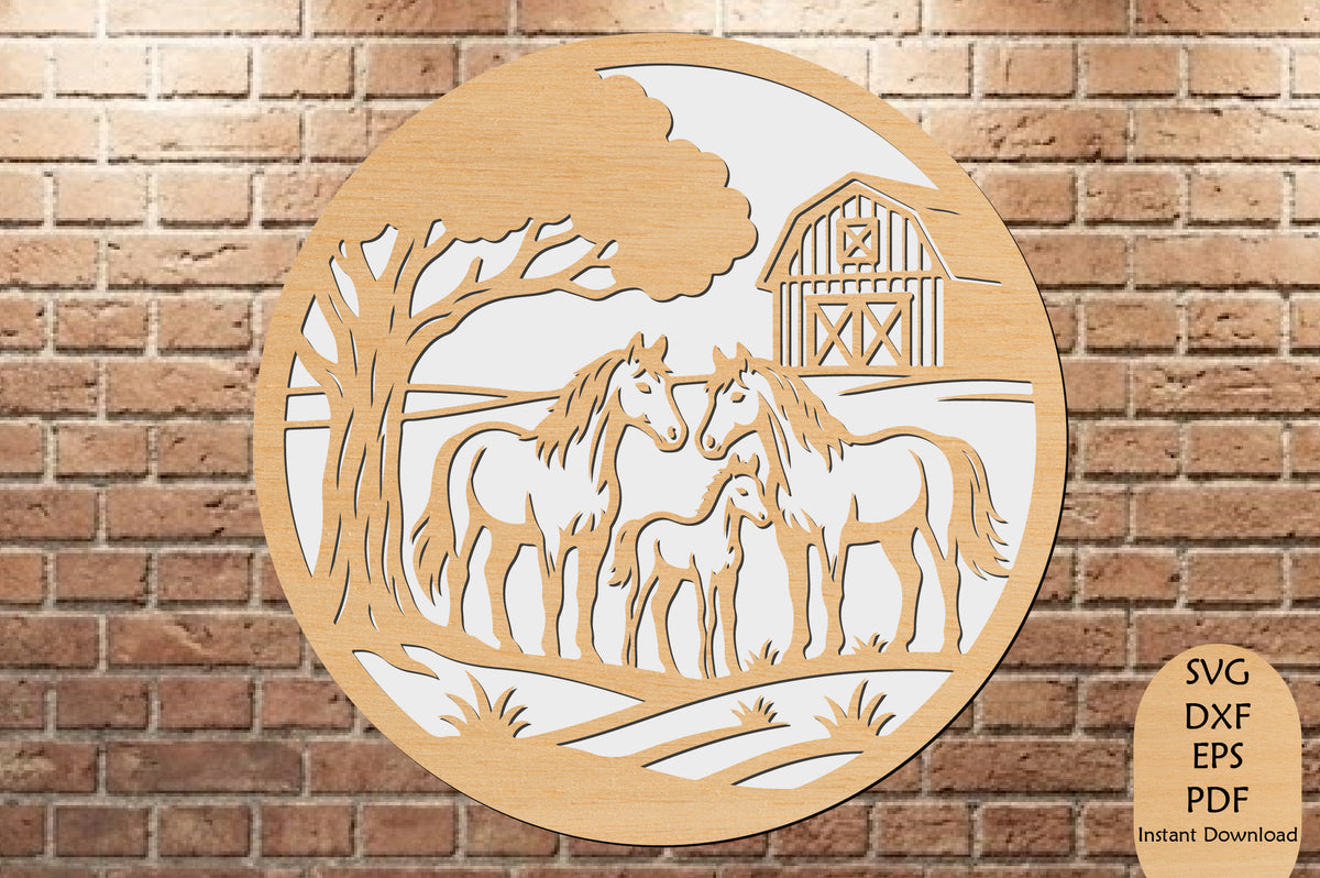Horse Family Farm Scene Laser Cut SVG File