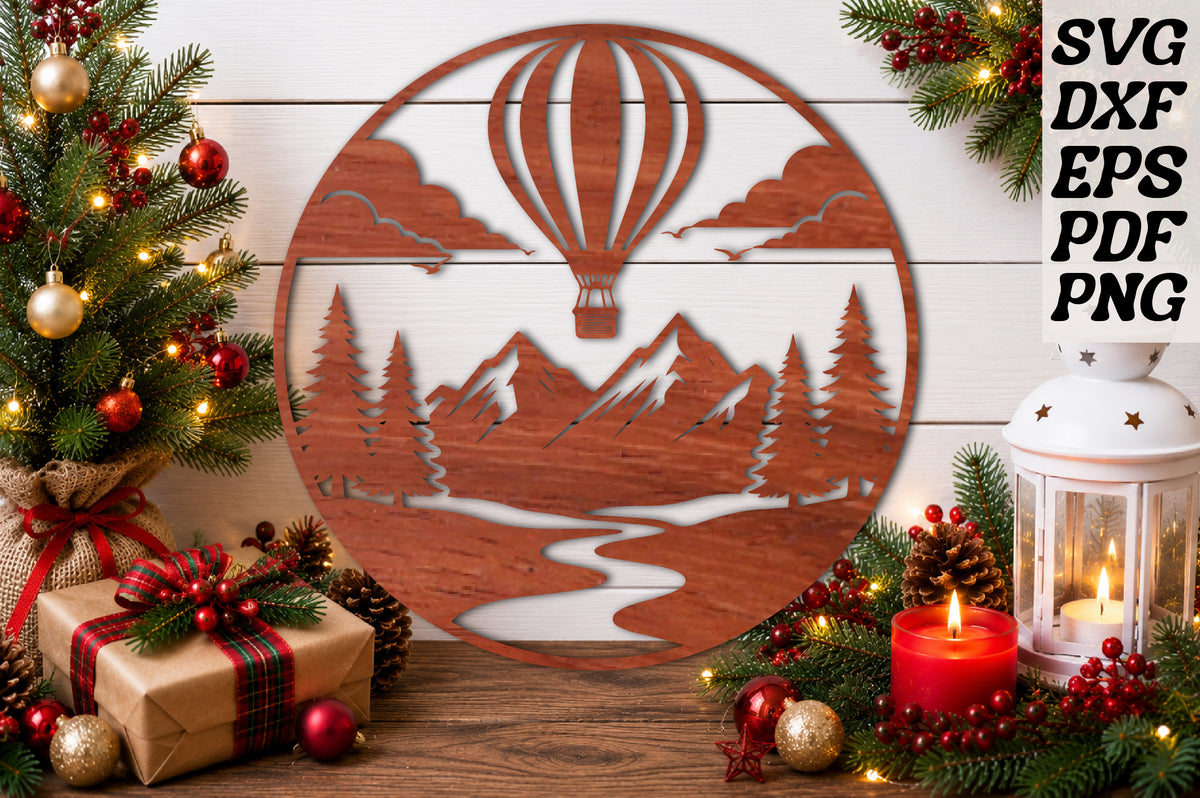 Hot Air Balloon Christmas Round Sign SVG
