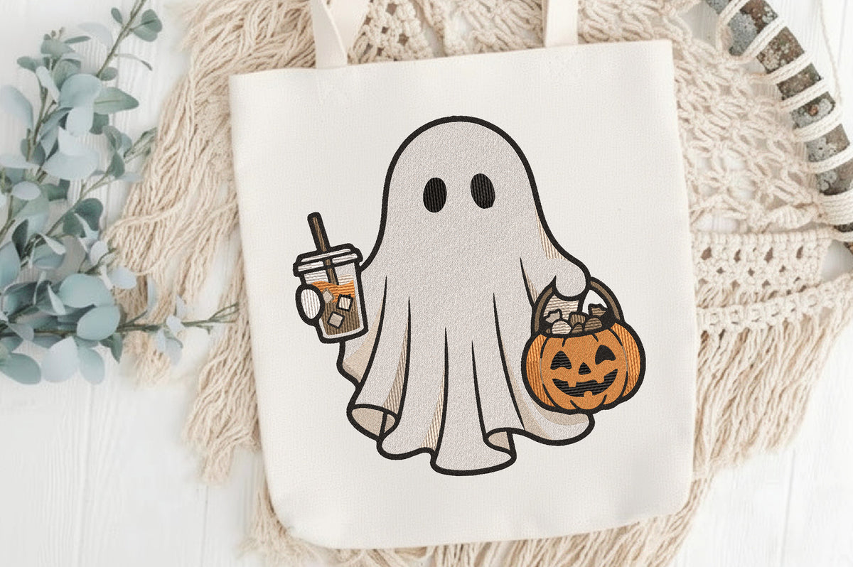 Ghost with Iced Coffee Embroidery Design – Cute Halloween Ghost Coffee Machine Embroidery Pattern, Spooky Autumn Drink Embroidery Design