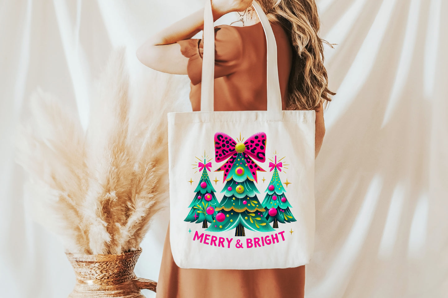 Merry & Bright Christmas Tree PNG Colorful Holiday Sublimation