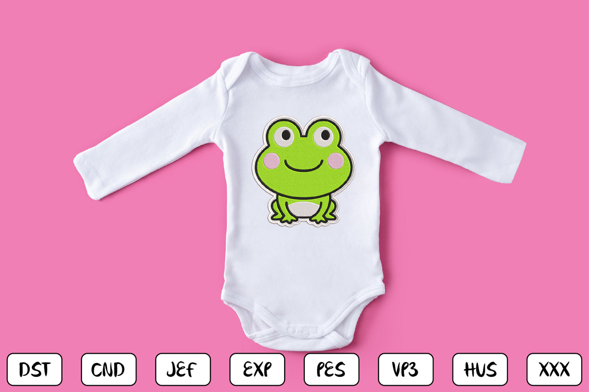 Cute Frog Patch Embroidery Design, Adorable Kawaii Frog Machine Embroidery Pattern, Cute Green Frog Embroidery