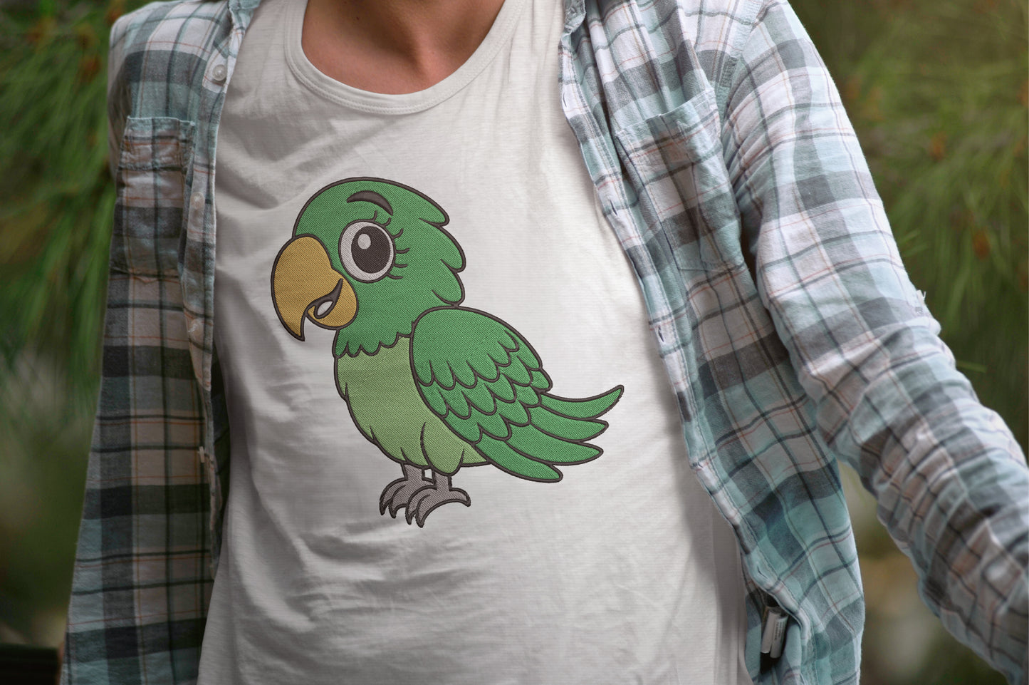 Cute Parrot Embroidery Design, Adorable Green Parrot Machine Embroidery Pattern, Kawaii Tropical Bird Embroidery Design