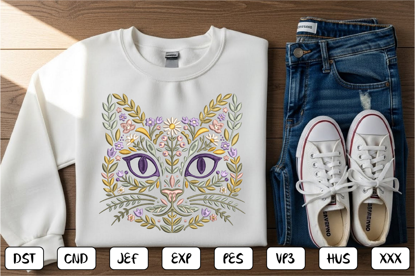 Floral Cat Face Embroidery Design – Cute Cat Face & Flower Machine Embroidery Pattern, Botanical Kitty Embroidery Design