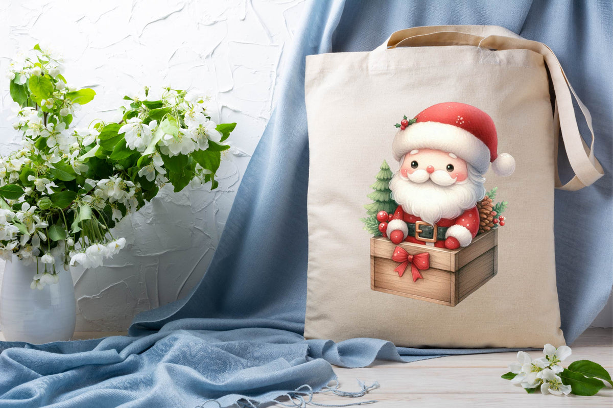 Christmas Santa in Wooden Box Watercolor Clipart PNG Bundle