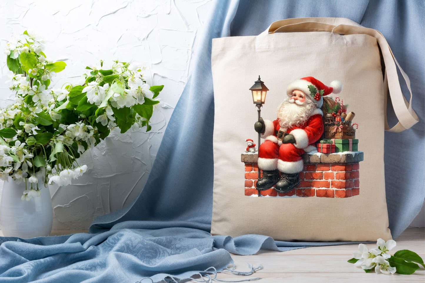 Christmas Santa on Brick Chimney Watercolor Clipart PNG Bundle