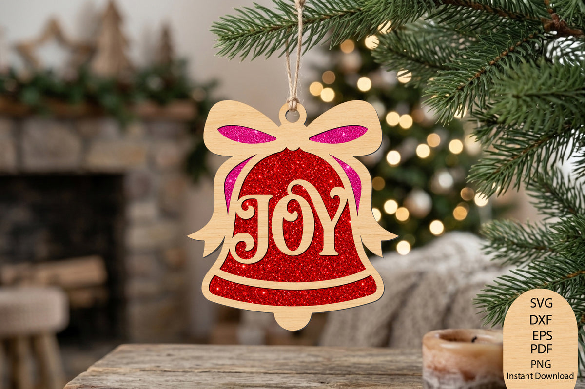 Joy Christmas Bell Ornament Laser Cut SVG, Christmas Bell Holiday Ornament Cut File