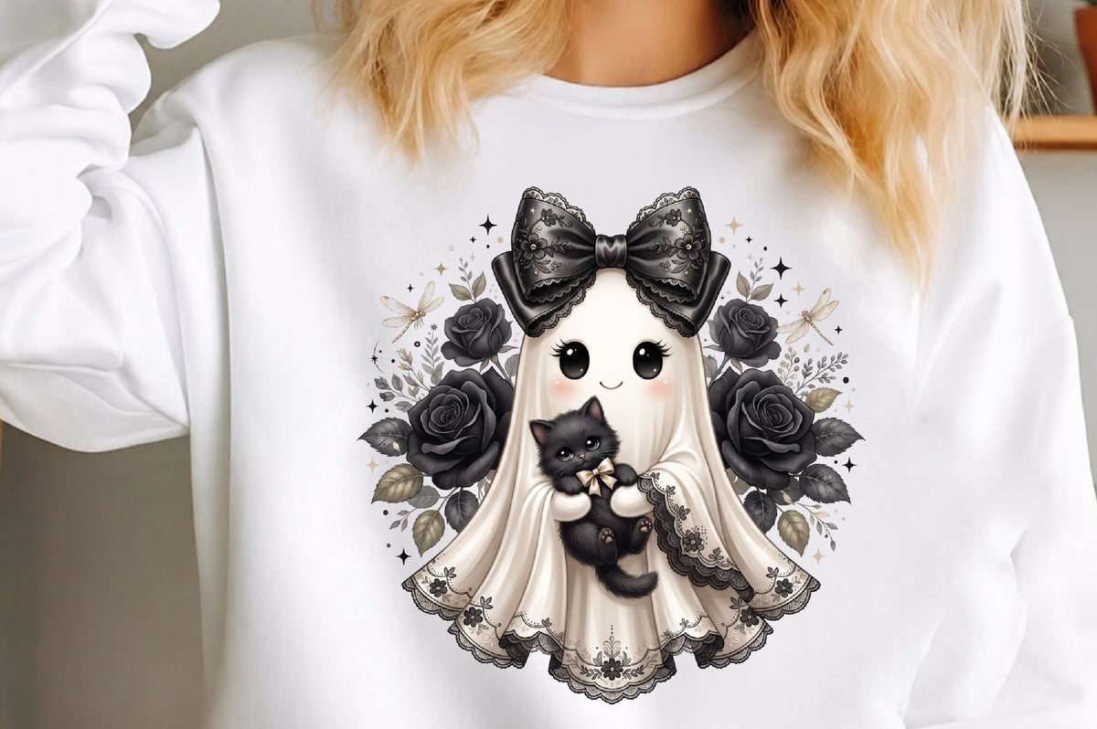 Kawaii Ghost Holding Black Kitten PNG