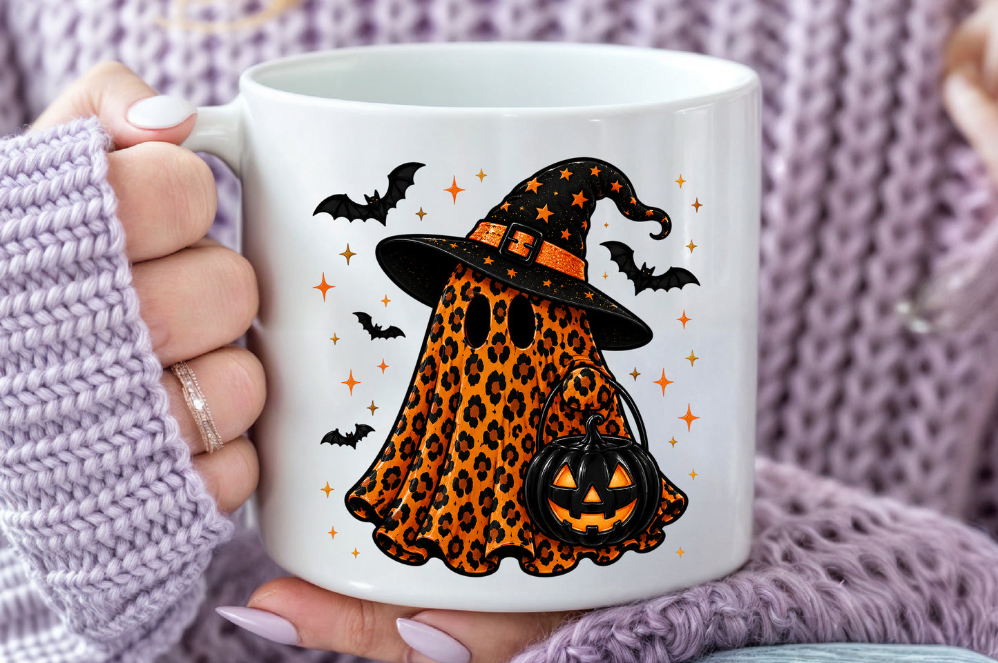 Leopard Ghost Witch Hat PNG Orange Halloween Spooky Sublimation Design