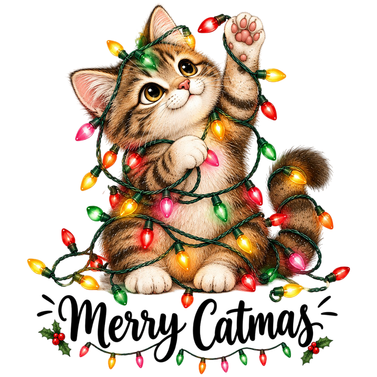 Merry Catmas Christmas Cat Lights PNG