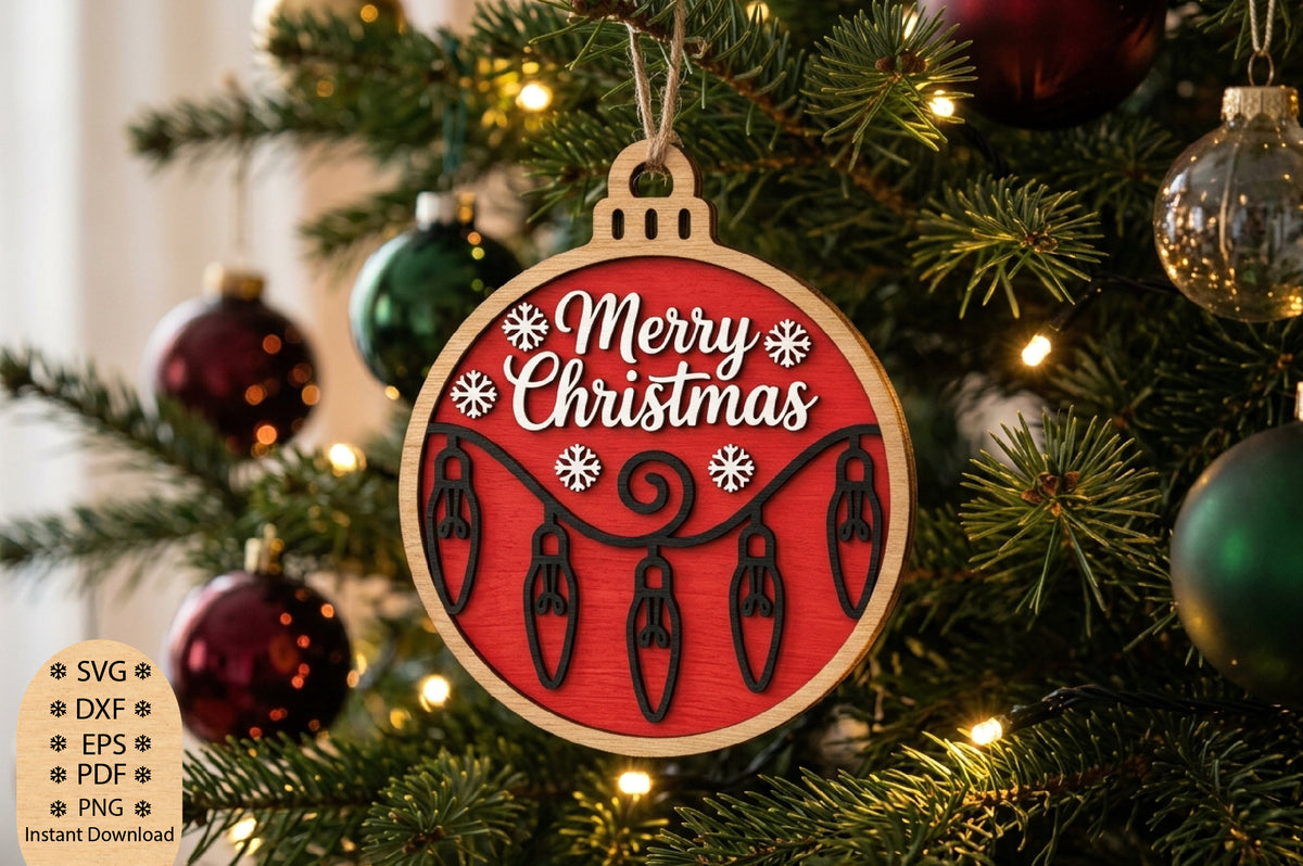 Merry Christmas Light Ornament Laser Cut SVG, Christmas Light Ornament Cut File, Holiday Bulb Ornament SVG