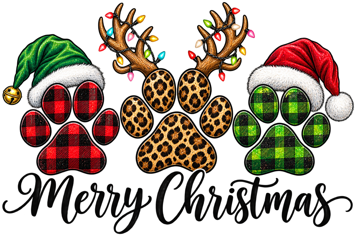 Merry Christmas Plaid Paw Prints PNG