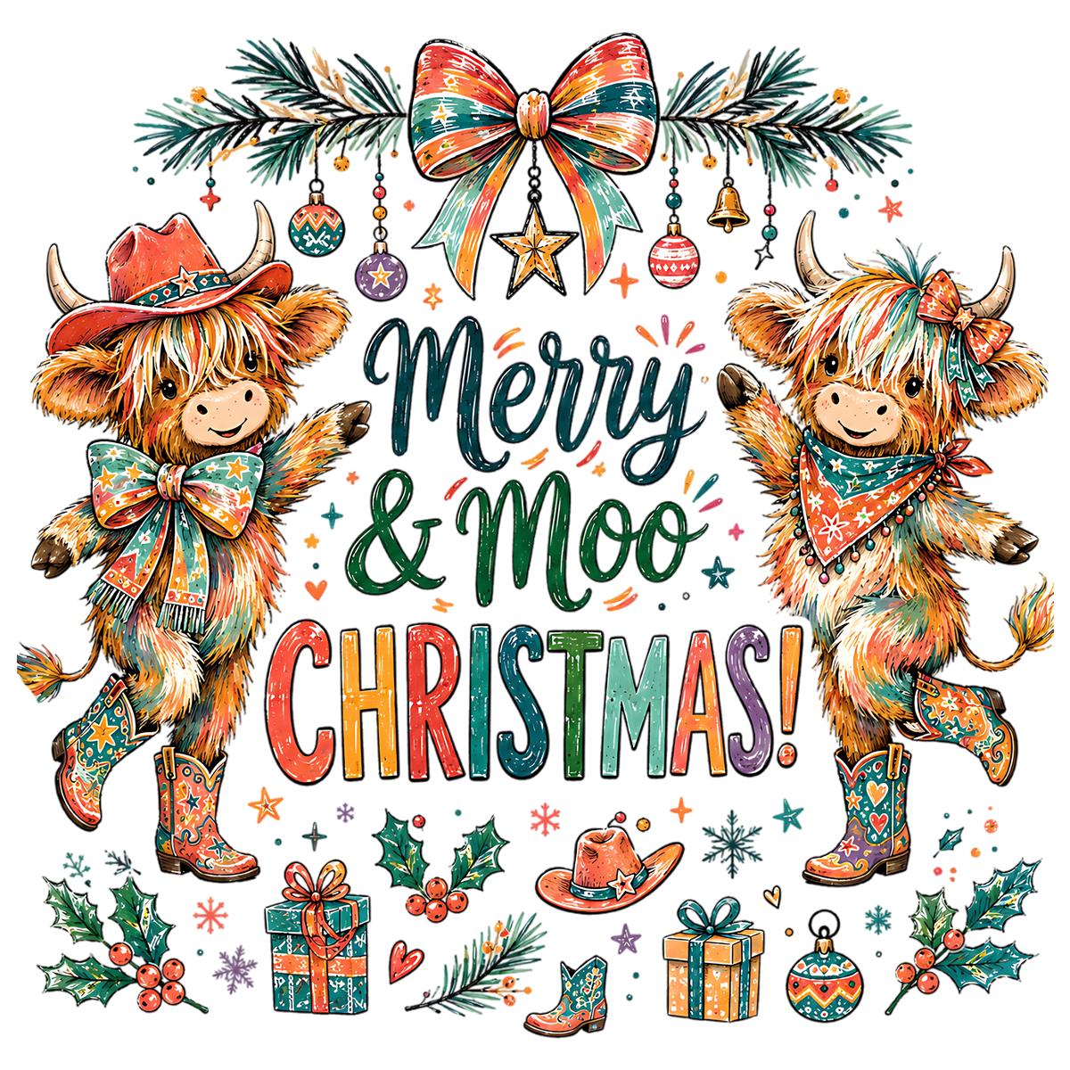 Merry Moo Christmas Highland Cow PNG