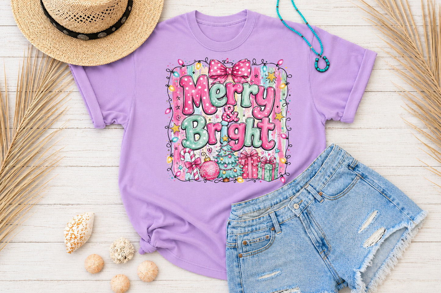 Merry & Bright Christmas PNG Pink Green Holiday Tree Gift Sublimation Design