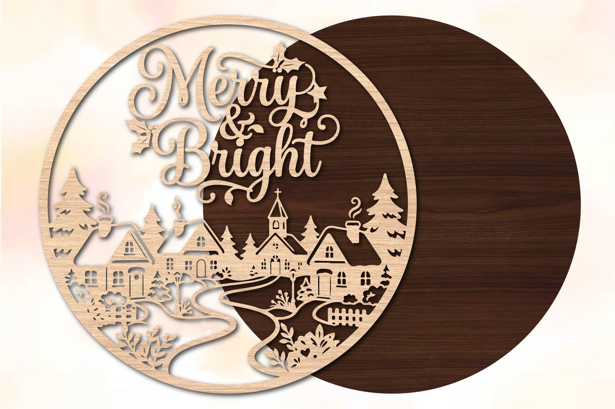 Merry & Bright Christmas Village Laser Cut SVG