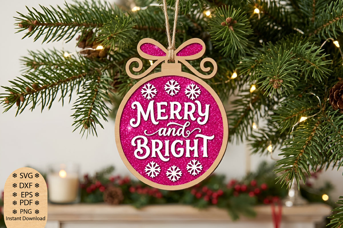 Merry and Bright Ornament Laser Cut SVG, Christmas Ornament Cut File, Merry Bright Holiday Ornament SVG Design