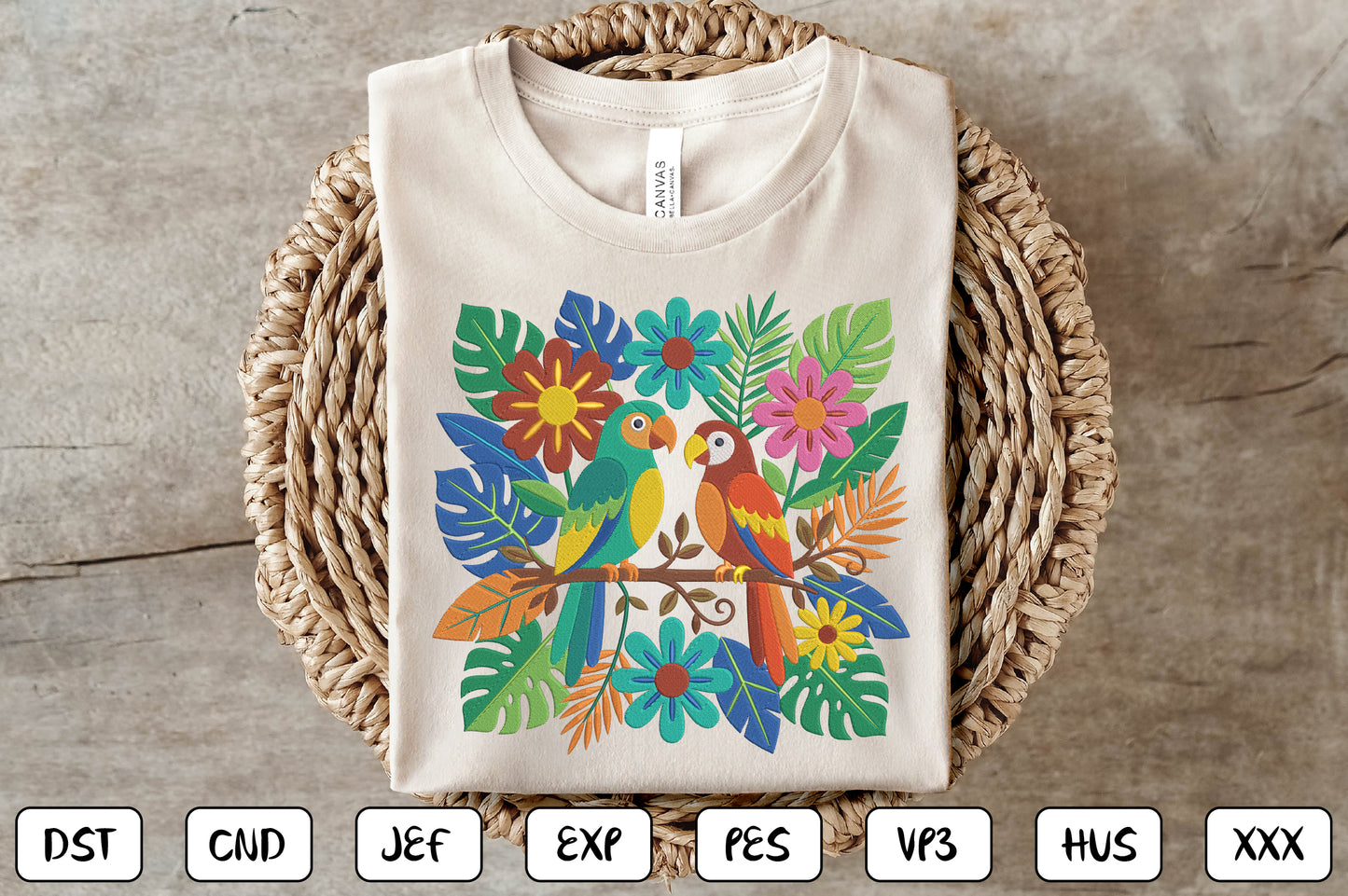 Mexican Otomi Birds Embroidery Design, Colorful Folk Art Parrot Machine Embroidery Pattern, Tropical Floral Bird Embroidery Design