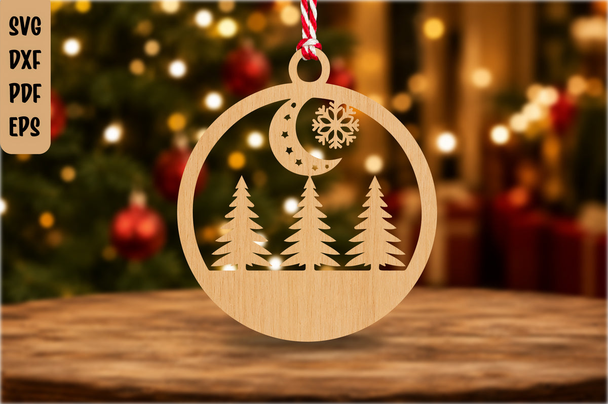 Moonlit Pine Forest Christmas Ornament Laser Cut SVG
