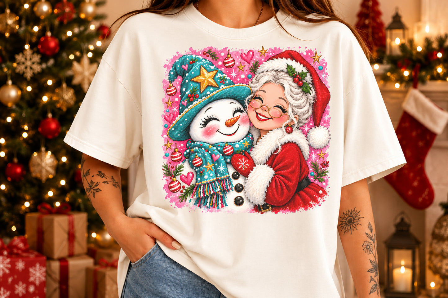 Mrs Claus Hugging Snowman Christmas PNG