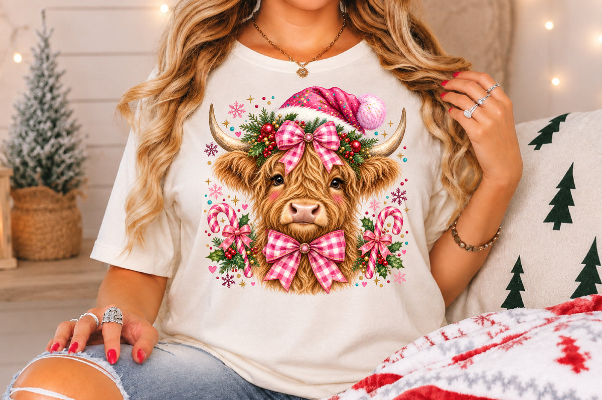 Pink Christmas Highland Cow PNG Sublimation Design