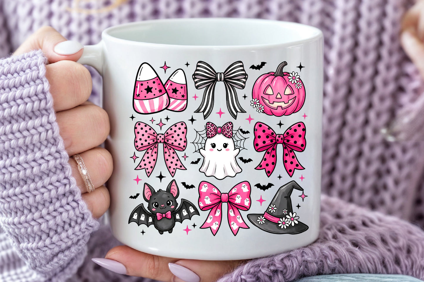 Pink Coquette Halloween PNG Cute Ghost Bow Pumpkin Witch Bat Sublimation Design