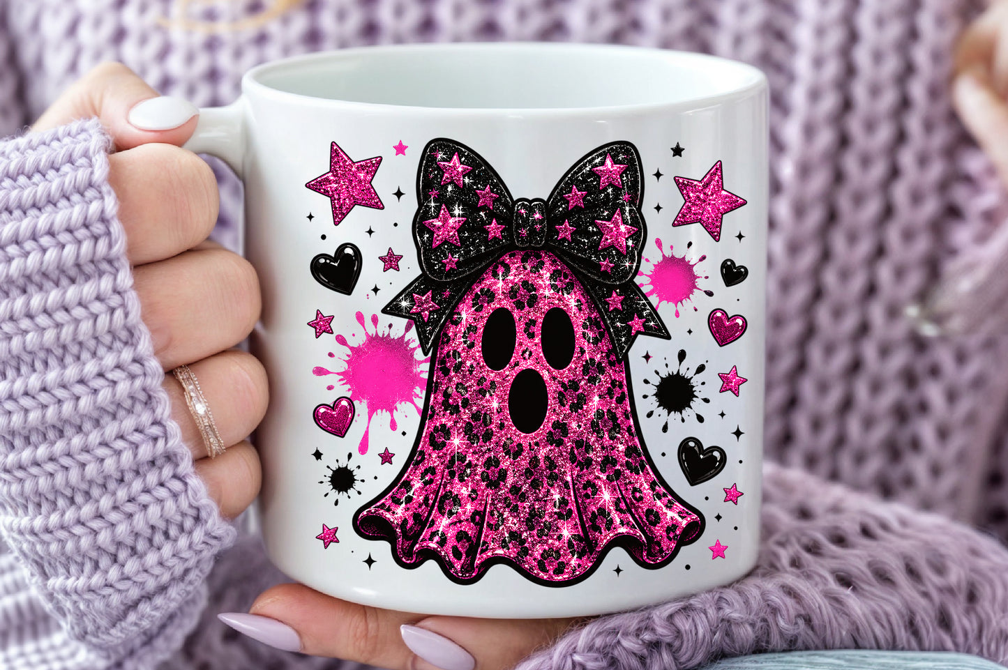 Pink Glitter Leopard Ghost PNG Halloween Spooky Sublimation Design