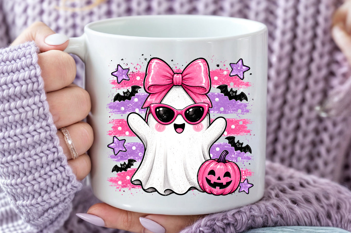 Pink Halloween Ghost Bow Pumpkin Sublimation PNG Spooky Cute Design