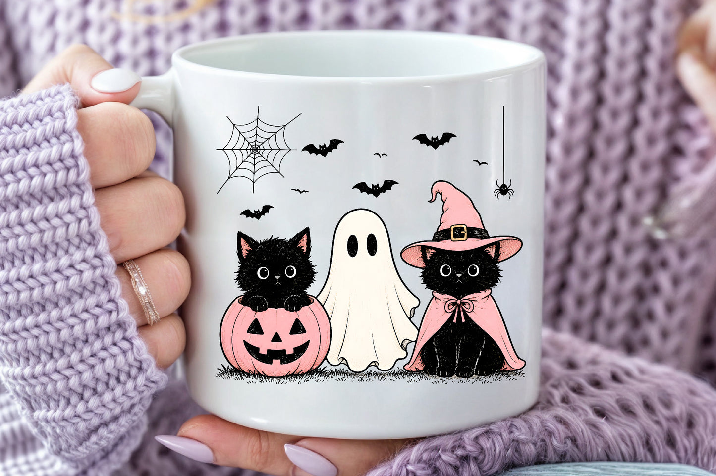 Pink Pumpkin Cat PNG Halloween Ghost Witch Sublimation Design