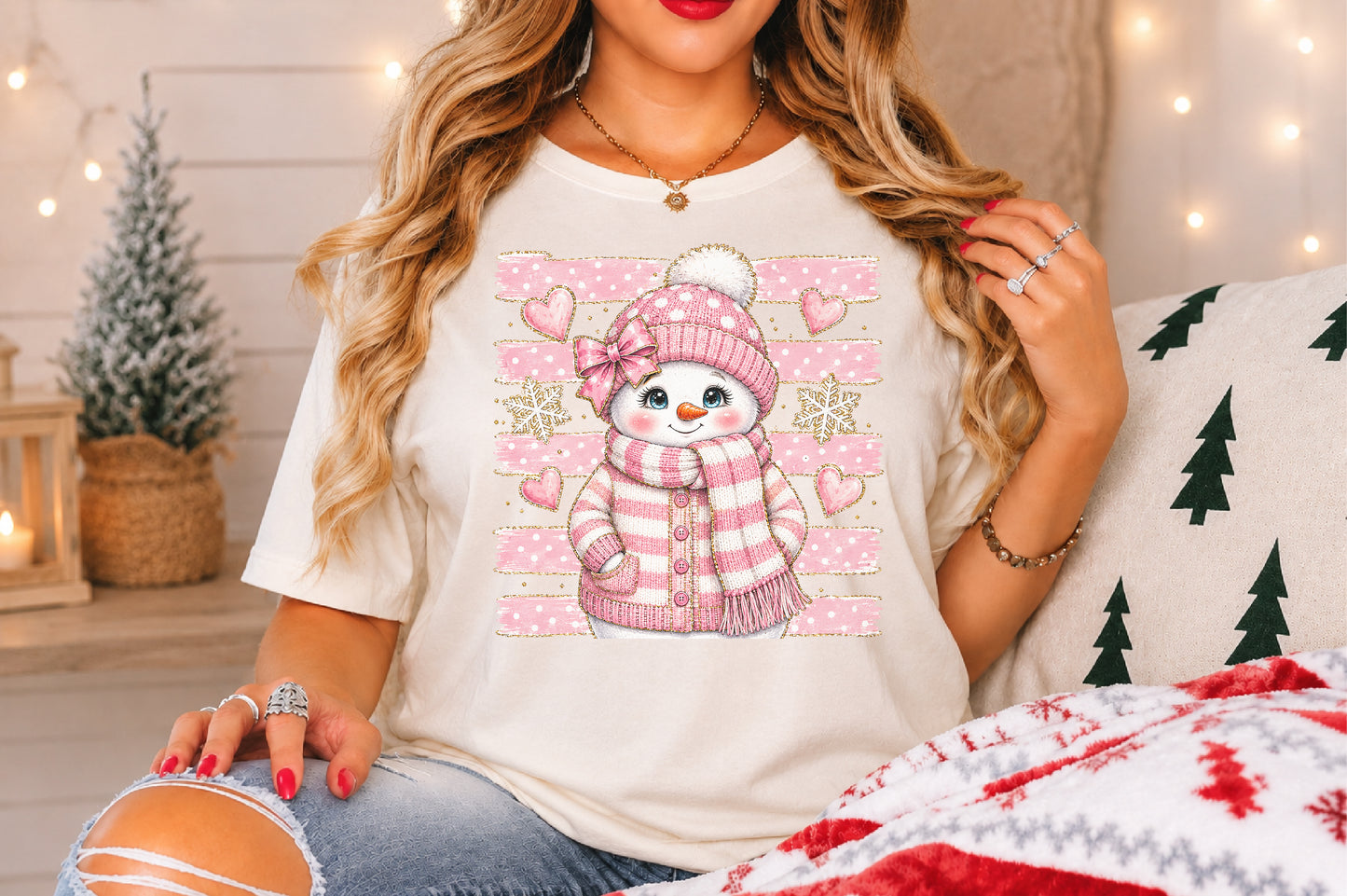 Pink Stripes Snowman Christmas PNG Cute Winter Holiday Sublimation Design