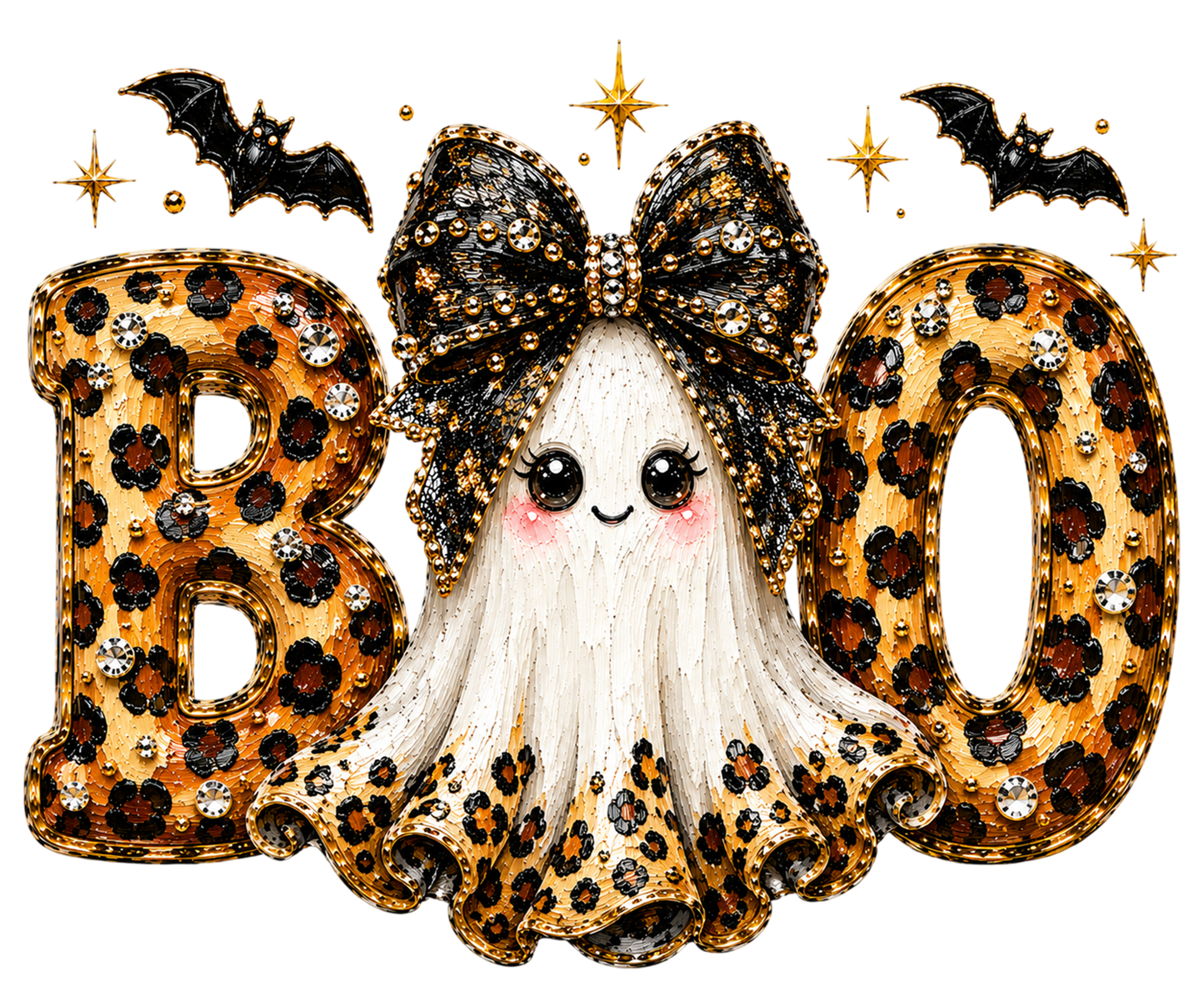Preppy BOO Ghost Coquette PNG | Leopard Halloween Ghost Bow Spooky Glam Clipart | Cute Fall Sublimation Design