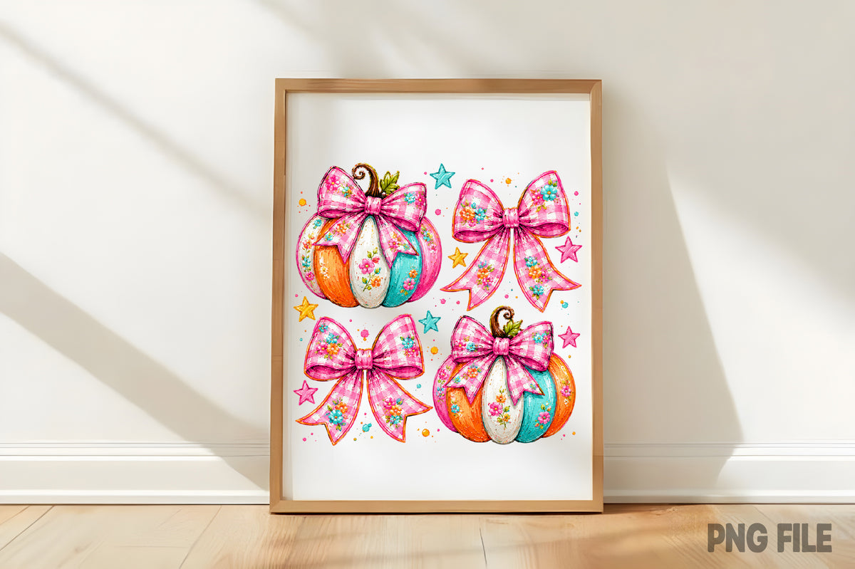 Preppy Coquette Fall Pumpkin PNG | Pink Floral Bow Pumpkin Autumn Clipart | Cute Fall Halloween Sublimation Design