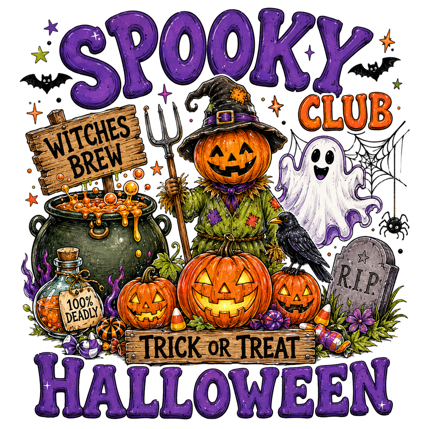 Preppy Spooky Club Halloween PNG | Cute Witch Pumpkin Ghost Halloween Sublimation Design