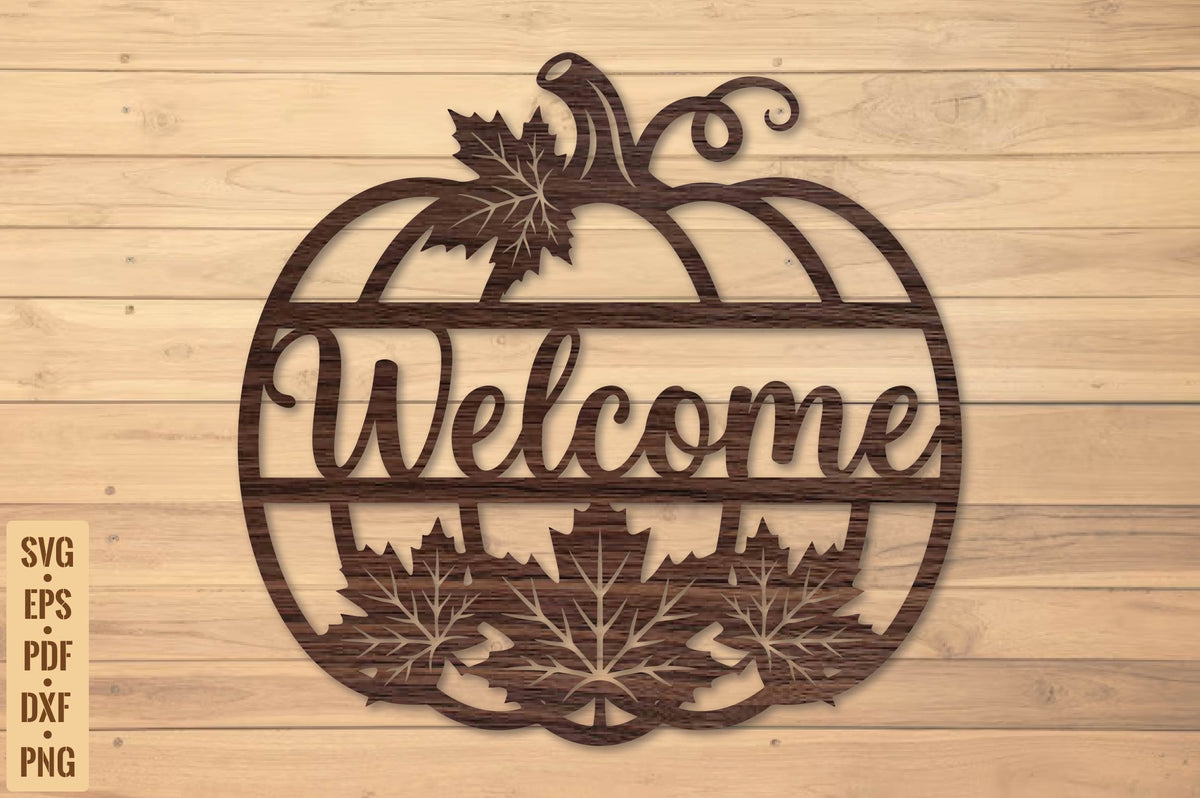 Welcome Pumpkin Fall Wall Sign Laser Cut SVG, Autumn Door Hanger Cut File, Rustic Thanksgiving Decor