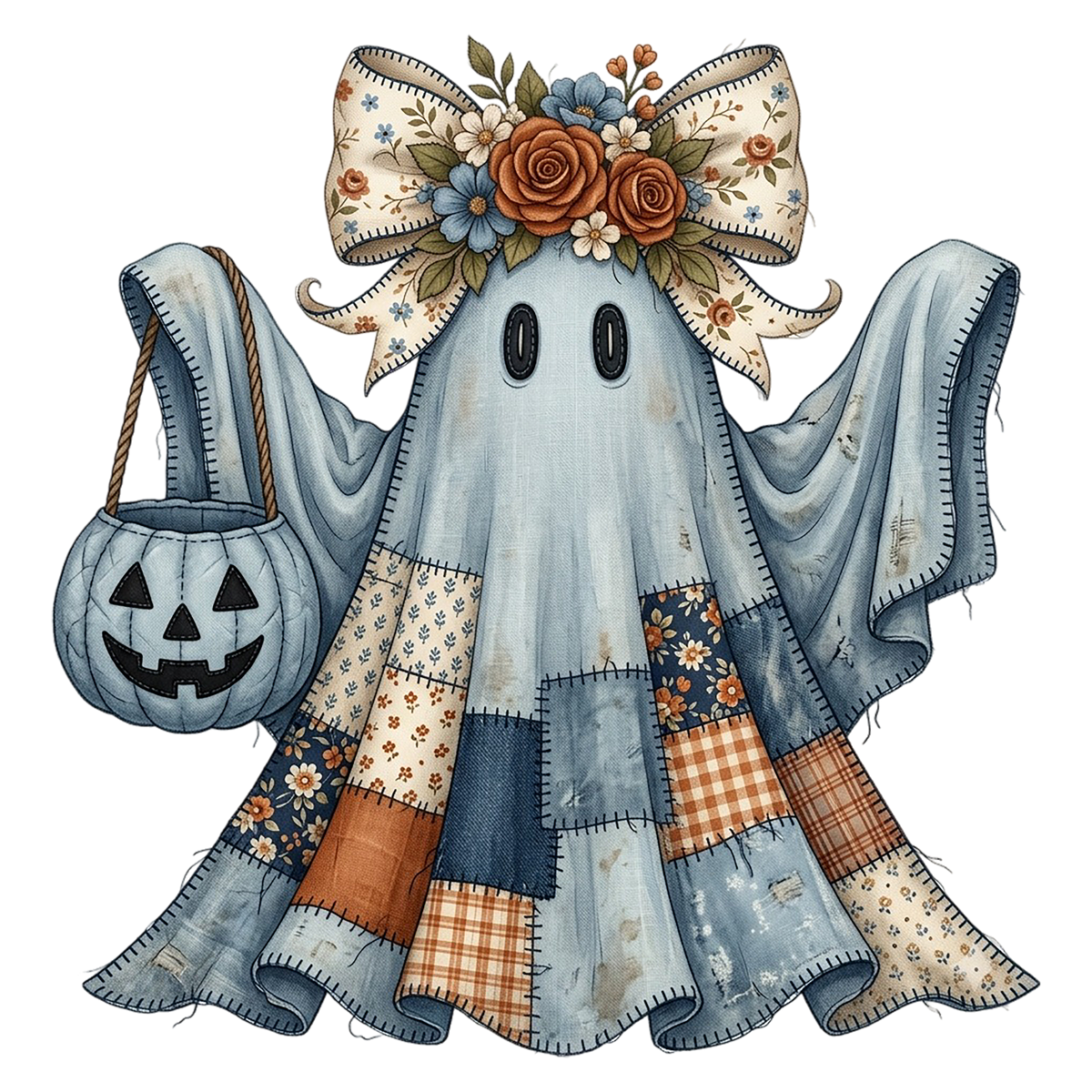 Quilted Floral Ghost Halloween PNG