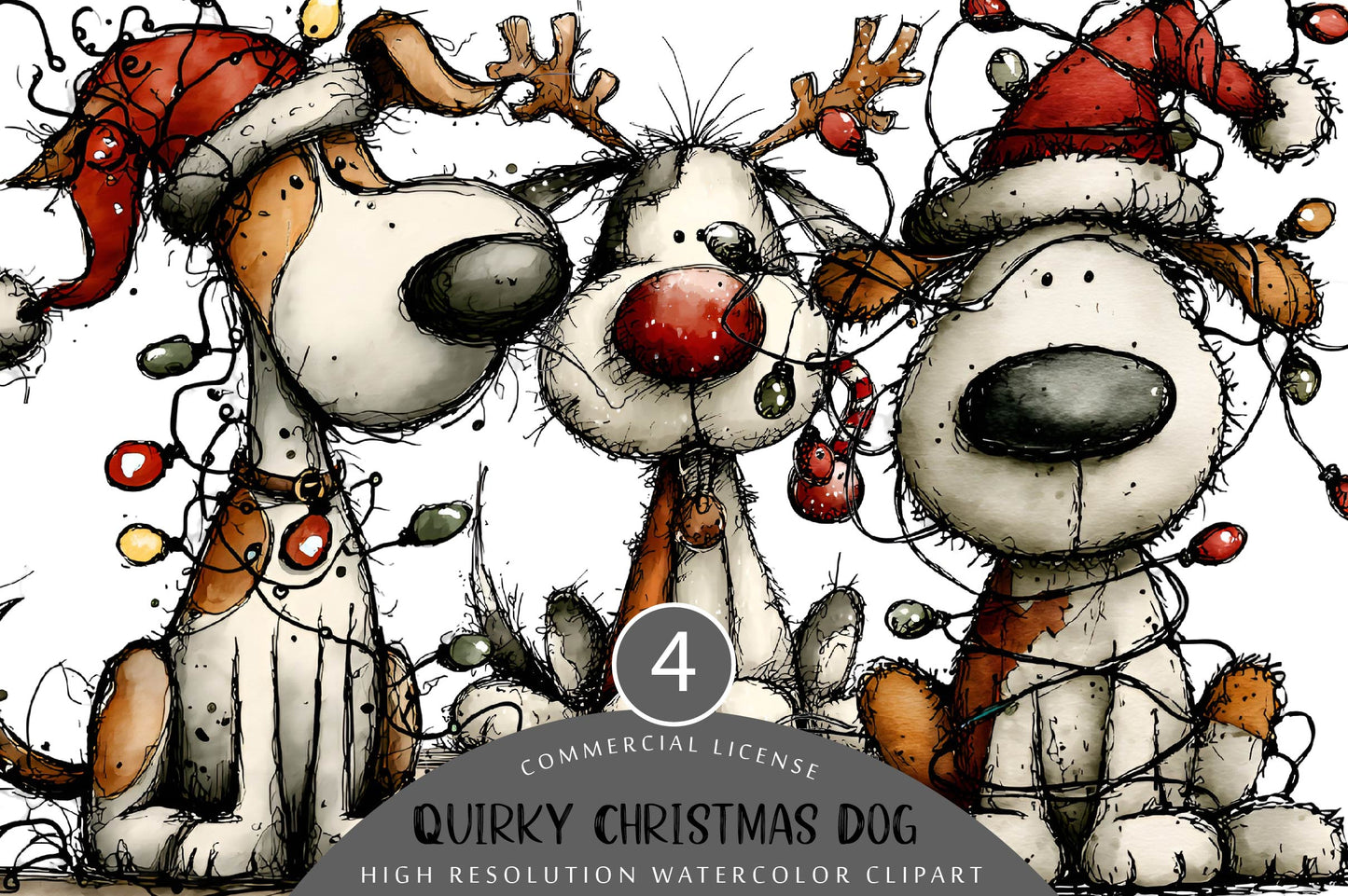 Quirky Funny Christmas Dog Clipart PNG Watercolor