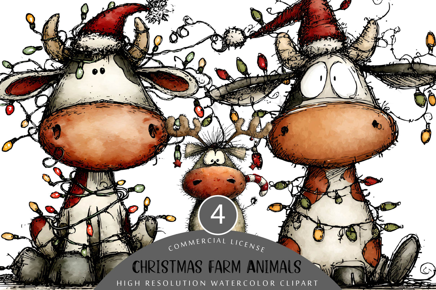 Quirky Funny Christmas Farm Animals Clipart PNG