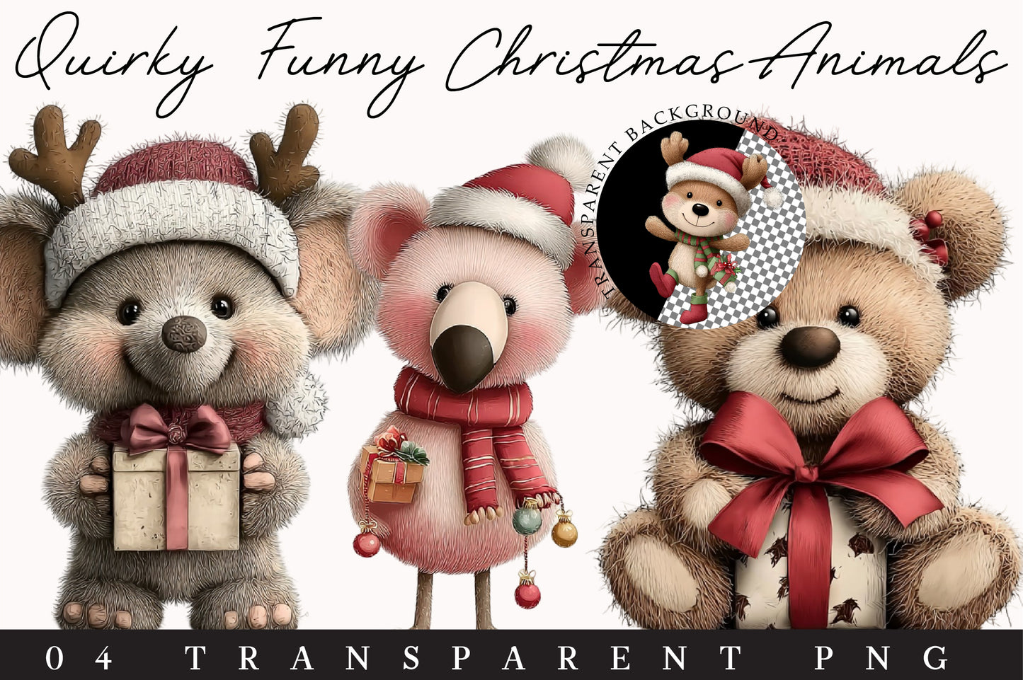 Quirky Funny Christmas Animals Clipart PNG