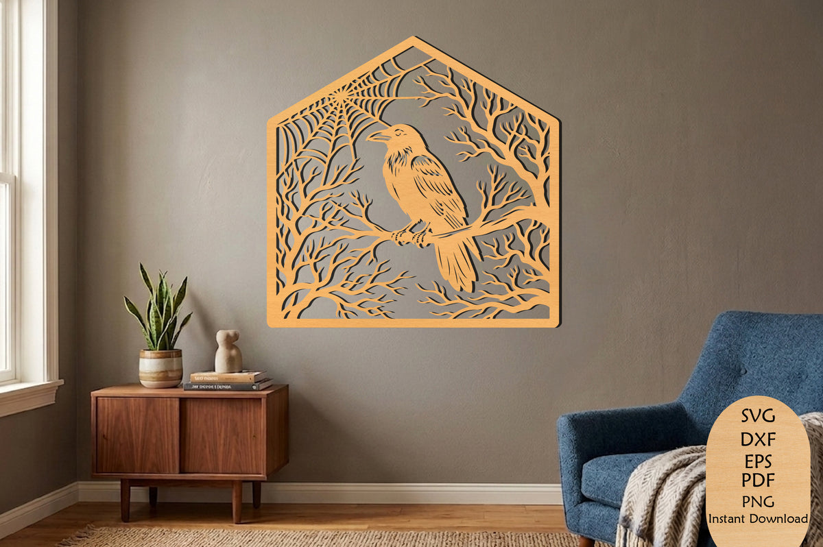 Raven Halloween Laser Cut SVG, Gothic Crow in Forest Spider Web Wall Decor