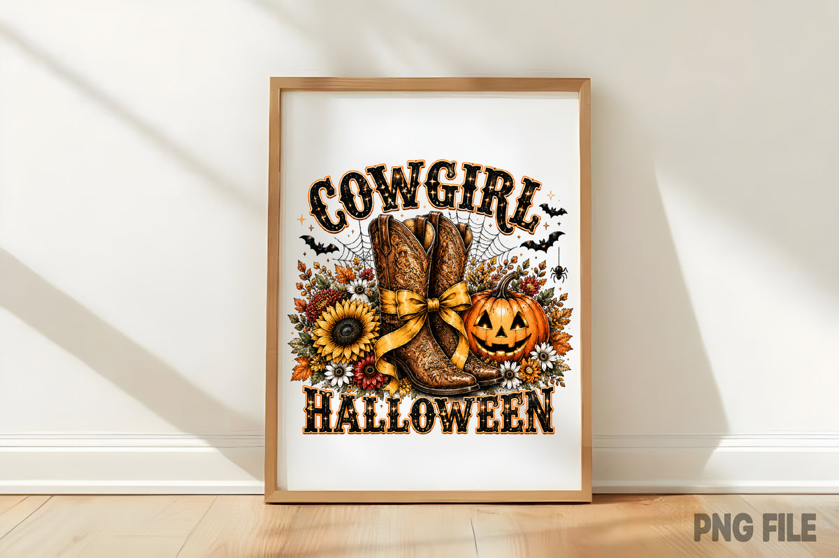 Retro Cowgirl Halloween PNG | Western Cowboy Boots Pumpkin Fall Spooky Sublimation Design