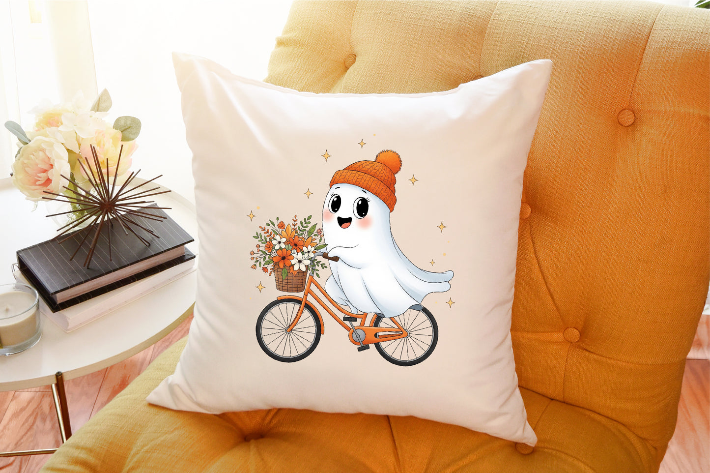 Cute Ghost Bicycle Fall Autumn Halloween PNG Spooky Clipart