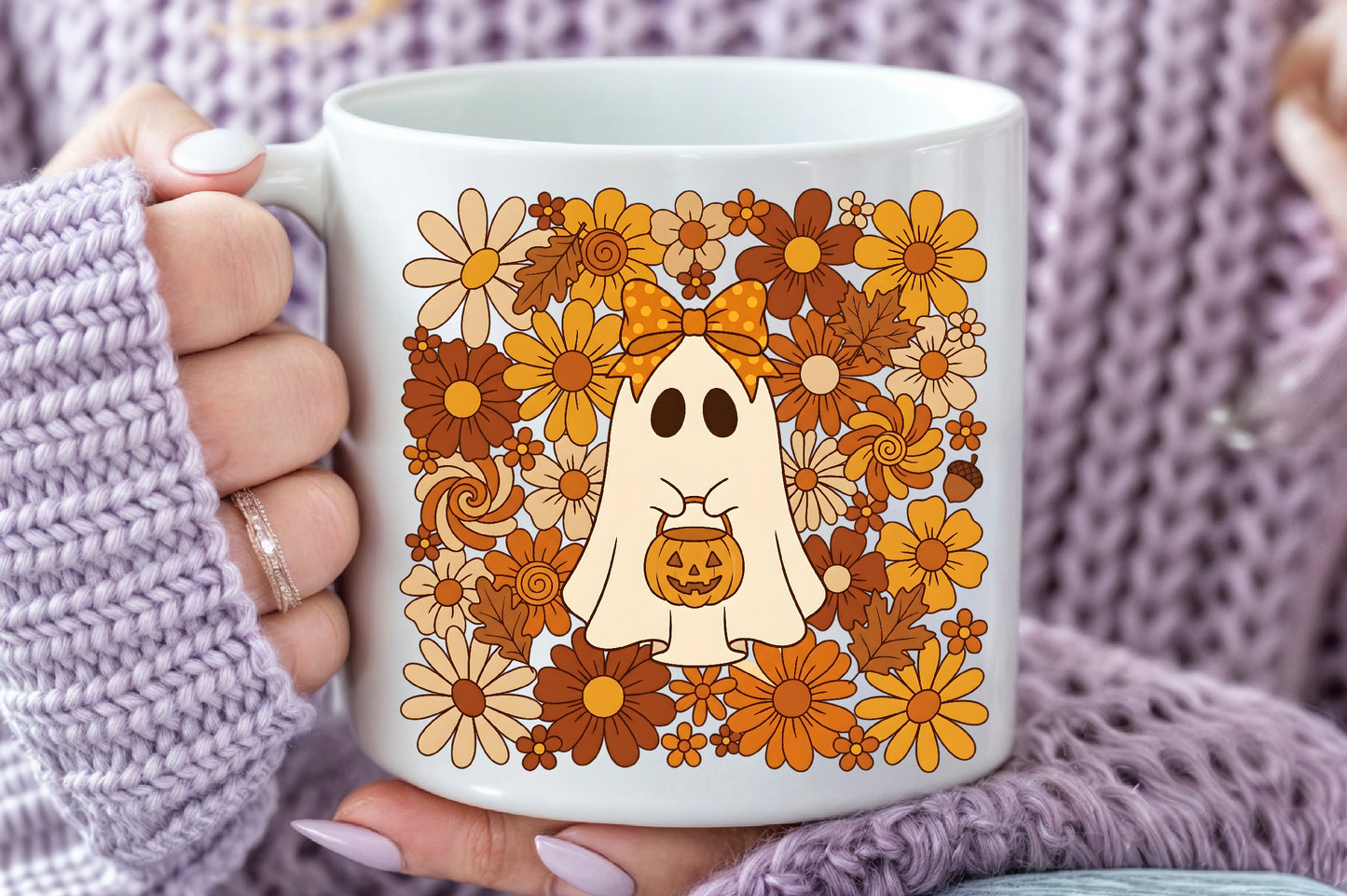 Boho Halloween Ghost PNG Cute Floral Pumpkin Spooky Sublimation Design