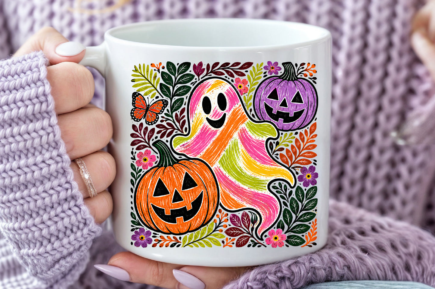 Retro Knitted Halloween Ghost Pumpkin PNG Sublimation Design