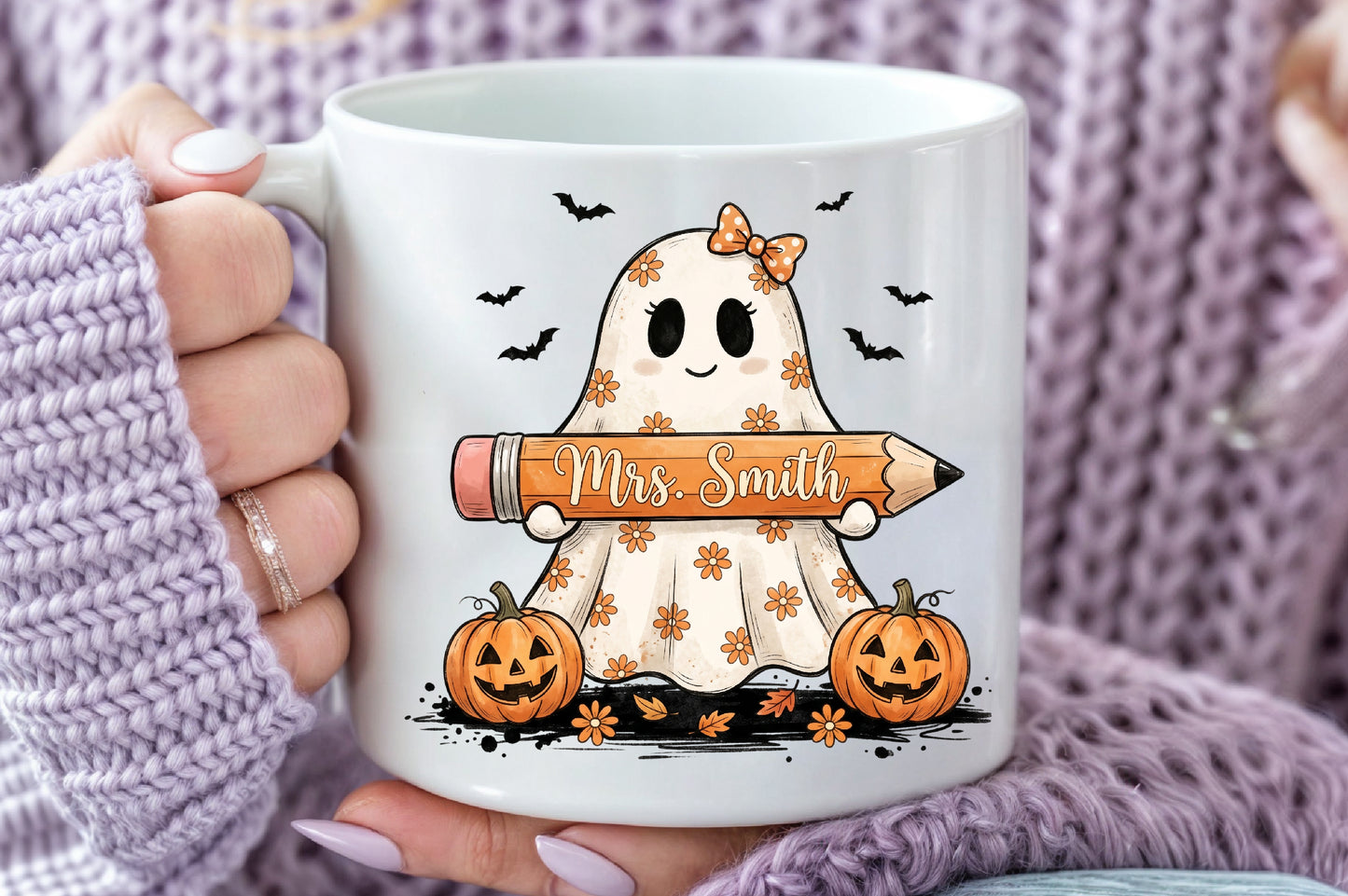 Retro Teacher Halloween Ghost Pencil Pumpkin PNG Sublimation Design